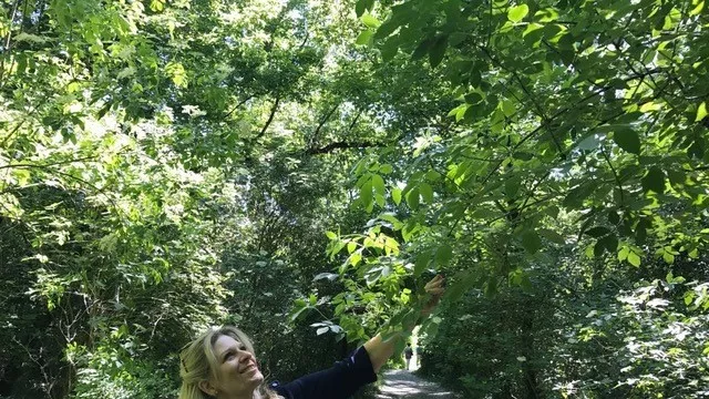 Doro Hebda streckt ihren Arm nach eine Baum im Wald aus