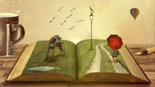 Buch das eine Geschichte erzählt, grüner Rasen mit Hund, Mensch mit rotem Regenschirm, der seinen Weg geht.