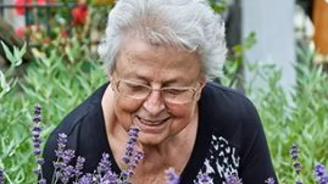 Frau riecht am Lavendel