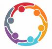 Logo Sabine Doppler in Regenbogenfarben ein Menschenkreis, die einander berühren