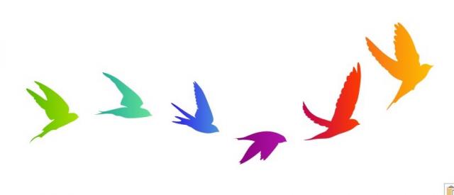 In Regenbogenfarben stilisierte Vögel, die in einer Wellenlinie fliegen